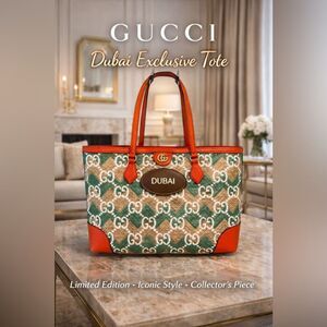 Gucci x Dubai Exclusive GG Raffia Tote Bag – NWT – Orange Leather Trim